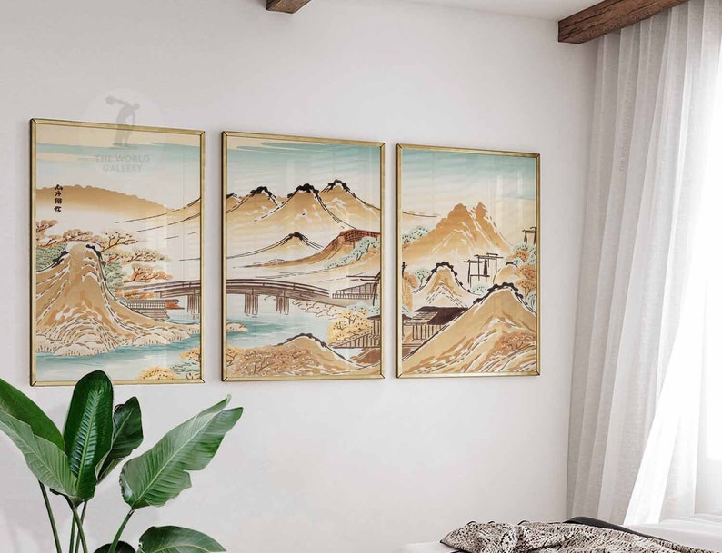 Set of 3 Japanese Floral Posters, Gold Japanese Prints, Botanical Wall