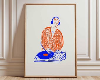 Minimalist DJ Poster | Red & Blue Turntable Art