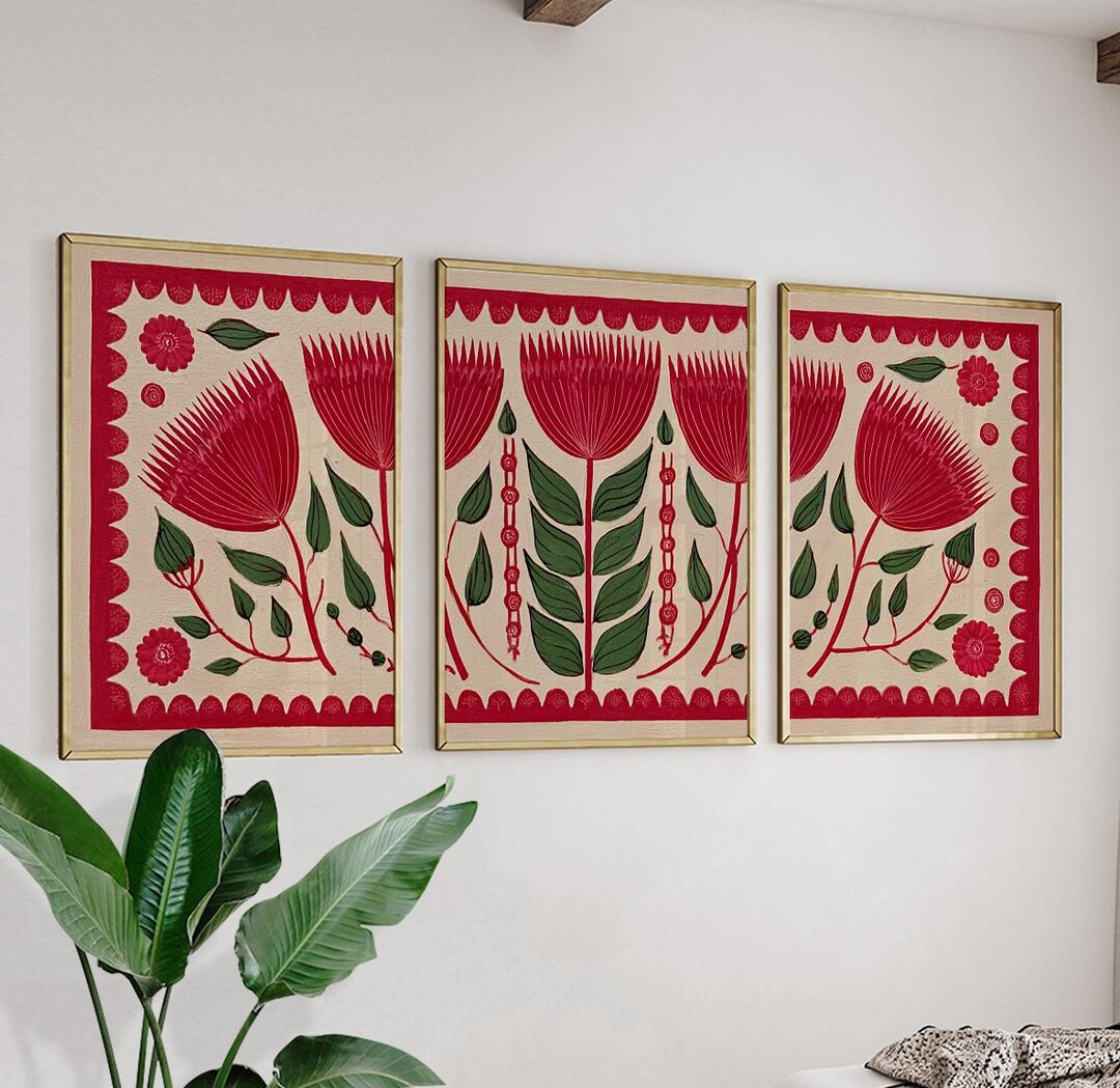 Red Botanical Wall Art Print Set | Floral Folk Style Triptych | Vintage ...
