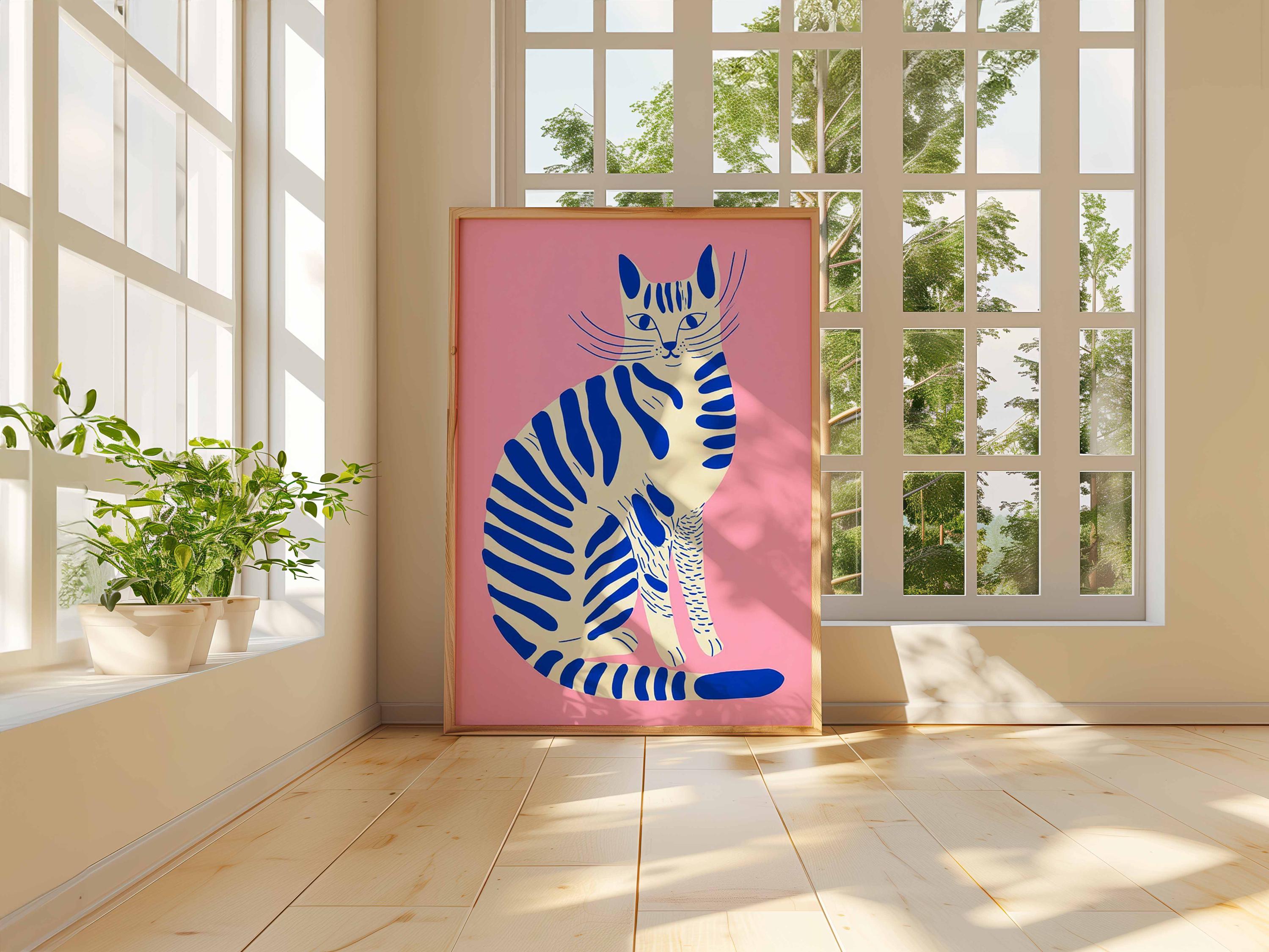 ストライプ柄の猫アートプリント モダンな猫のウォールアート、カラフルなポップアートのポスター