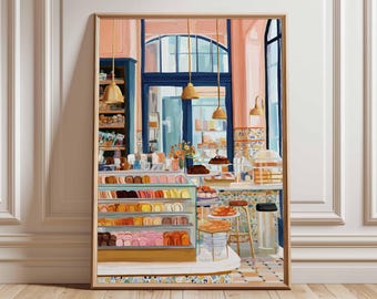 French Patisserie Art Print, Colorful Macaron Poster, Paris Bakery Illustration, Café Wall Art, Cozy Kitchen Home Decor
