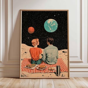 Póster retro de ciencia ficción, decoración cósmica surrealista de los años 70, póster espacial futurista, impresión de paisaje vintage, obra de arte espacial para dormitorio y sala de estar.