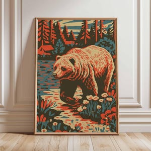 グリズリーベアポスター、レトロな荒野の動物プリント、森の野生動物のウォールアート、自然愛好家へのギフト、素朴なキャビンロッジのホームデコレーション