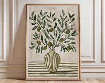 Olive Branch Poster, Mediterranean Kitchen Wall Art, Rustic Vase Print, Green Botanical Decor, Farmhouse Country Style Artwork