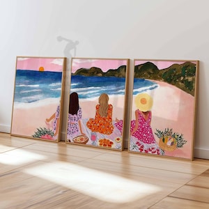Beach Picnic Wall Art Set of 3, Summer Coastal Poster Trio, Ocean Sunset with Friends, Vibrant Girls on Beach Prints, Seaside Wall Decor