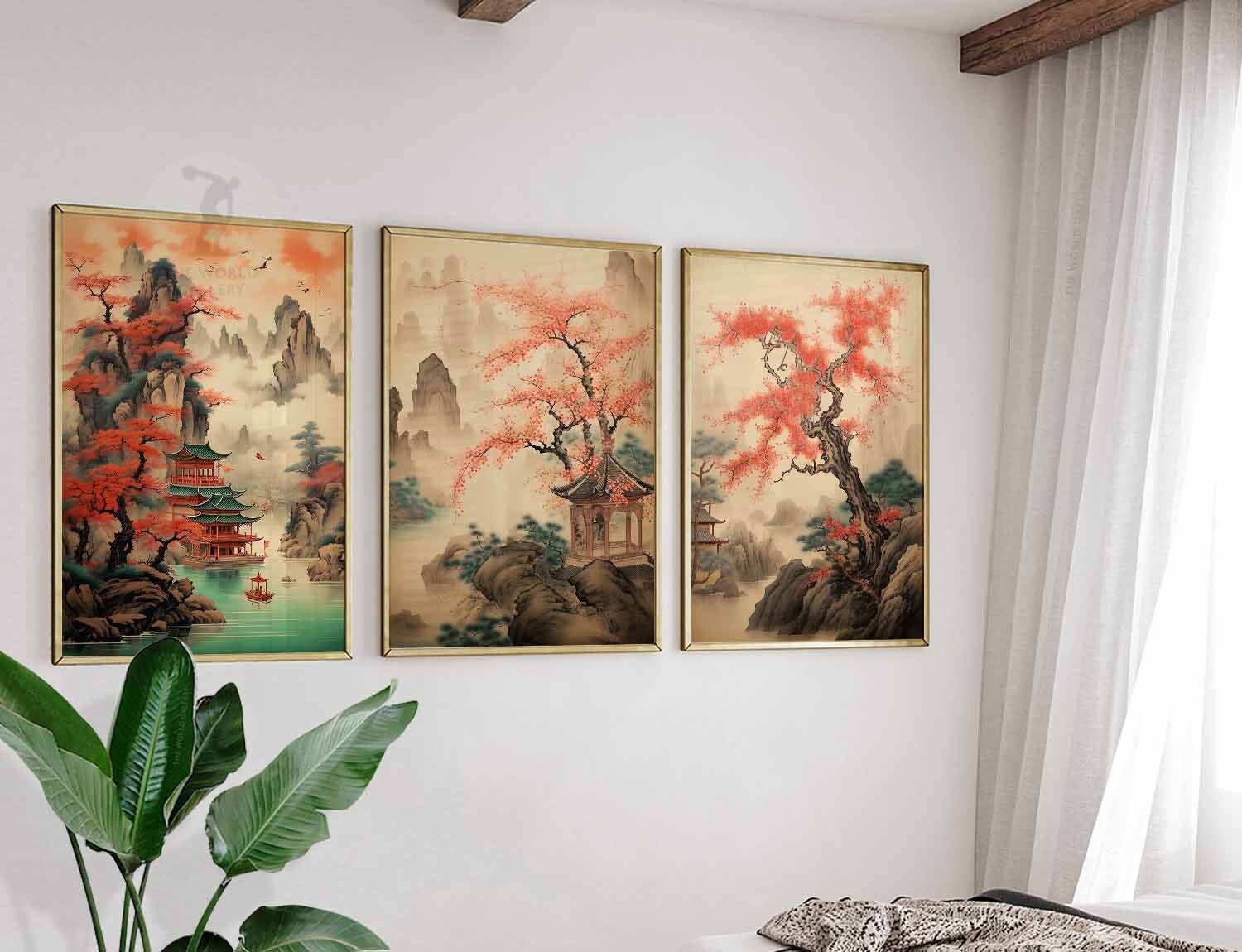 Chinese Set of 3 Vintage Art Prints, Chinese Wall Art, Oriental