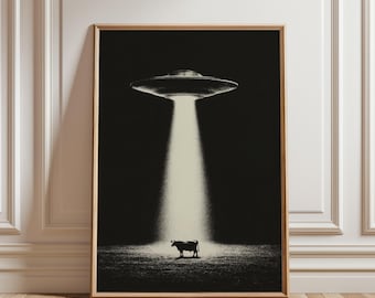 UFO Abduction Art Print, Retro Sci-Fi Poster, Cow and Spaceship Illustration