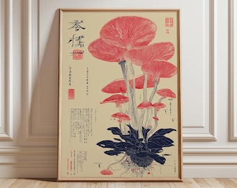 Japanese Mushroom Line Art Print, Retro Botanical Poster