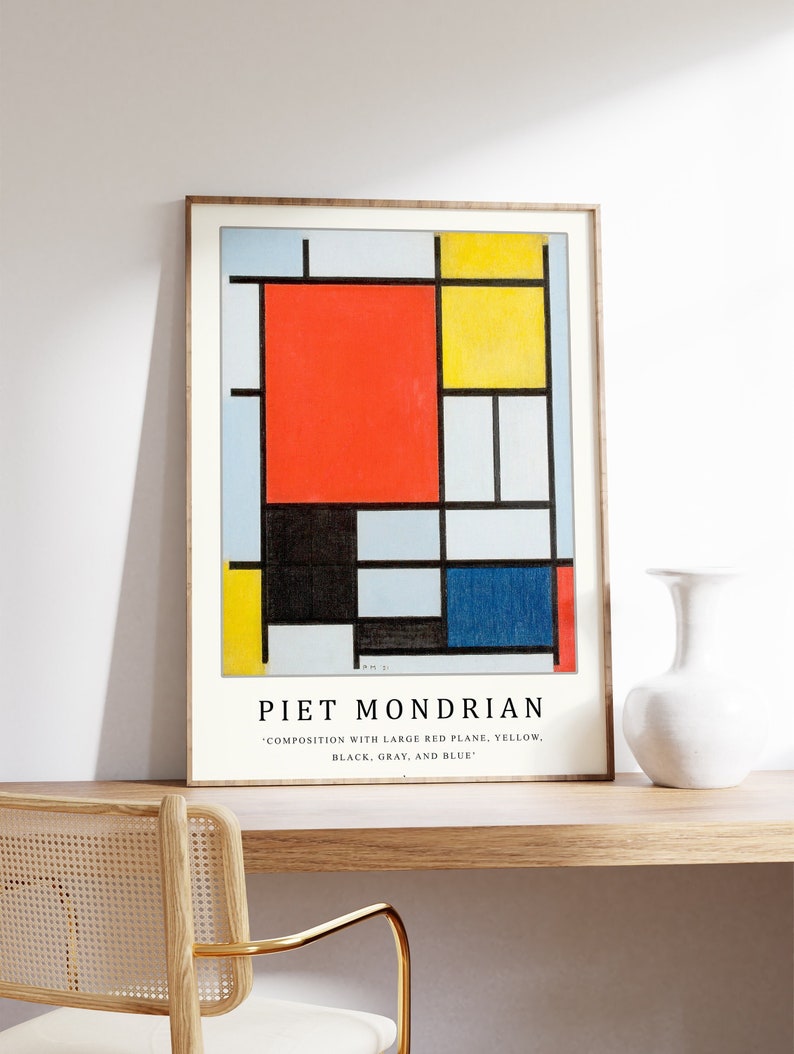 Piet Mondrian Poster, Composition With Large Red Plane , Piet Mondrian Art Print, Bauhaus Poster, Abstract Art, Cubism, Modern Art, Gift image 1