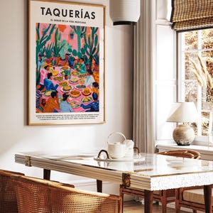 Op de afbeelding: Een kleurrijke illustratie van een groep mensen die rond een tafel met eten verzameld zijn. De illustratie heeft de titel "Taquerias: El Sabor de la Vida Mexicana" en toont een levendige cactustuin op de achtergrond.