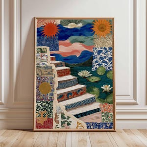 May include: A framed art print with a collage design. The image shows a staircase leading to a lake with water lilies. The sky features a sun and a sunflower. The artwork uses various patterns and textures.