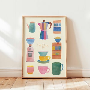 Coffee Lover Poster – Colorful Coffee Maker Wall Art Print, Barista Decor with Mugs & Espresso Machine, Cute Kitchen or Café Artwork
