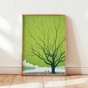 Riesiges grünes Baum Poster, friedliche Natur Wand Kunst Druck, ruhige Landschaft Illustration, beruhigende Baum Szene Dekor für Schlafzimmer oder Wohnzimmer