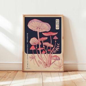 Vintage Botanische Pilz-Kunstdruck, japanisch inspirierte Wandkunst, Cottagecore Dekor, Dark Academia, Pilze Poster, Goblincore Ästhetik