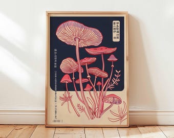 Vintage Botanical Mushroom Art Print, Japanese Inspired Wall Art, Cottagecore Decor, Dark Academia, Fungi Poster, Goblincore Aesthetic