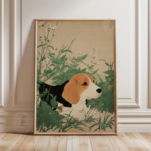 Beagle Dog Poster | Nature Inspired Artwork | Dog in Grass Print | Vintage Beagle Illustration