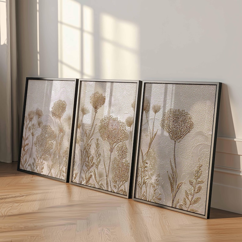 Neutral Botanical Wall Art Set of 3, Beige and Taupe Wildflower Prints ...