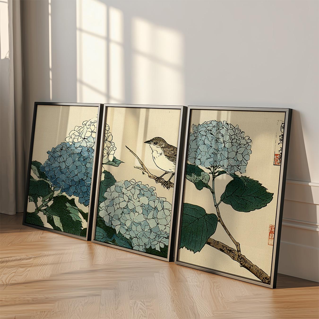 Hydrangea Bird Poster Set of 3 Japanese Woodblock Style Wall Art