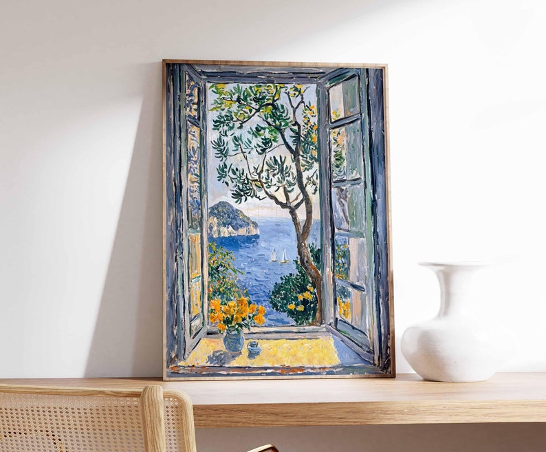Puede incluir: Una pintura de una vista de ventana con un mar azul, &aacute;rboles verdes y una peque&ntilde;a isla en la distancia. La ventana est&aacute; pintada en un marco azul claro y blanco.
