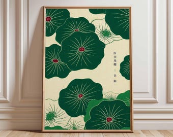 Decoración de pared con loto japonés: lámina botánica zen verde.