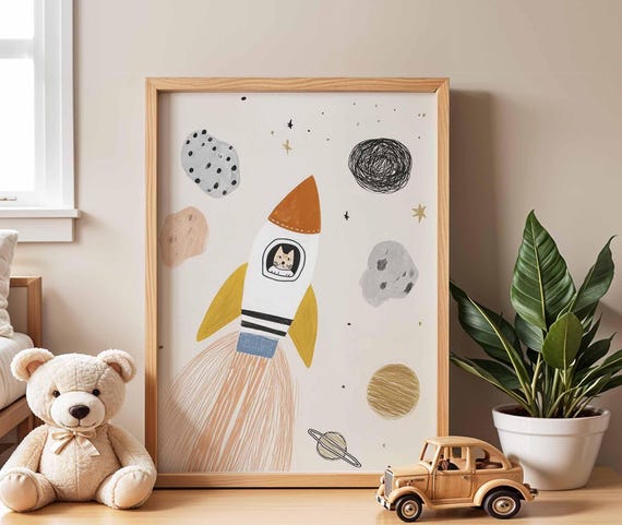 Rocket Cat Nursery Poster, Space Wall Art for Kids, Baby Room Print, Astronaut Cat Illustration, Playroom Decor