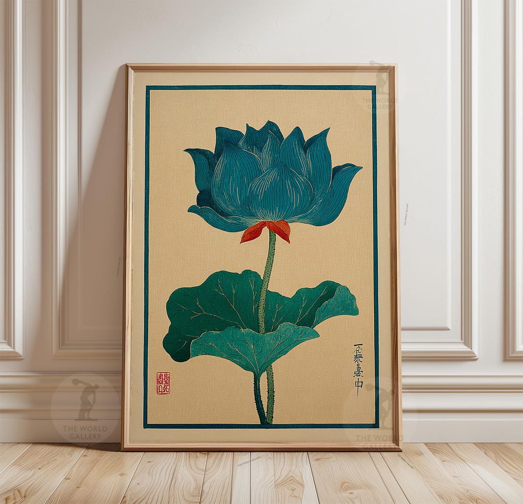 Lotus Flower Poster | Traditional Japanese Floral Art | Teal and Red ...