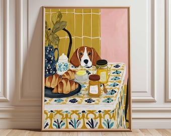 Beagle Dog Art Print, Breakfast Table Poster, Croissant and Coffee Kitchen Wall Art, Cozy Pet Illustration, Rustic Home Decor