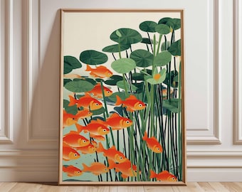 Goldfish Pond Art Print, Japanese Koi, Lotus Leaves, Asian Decor