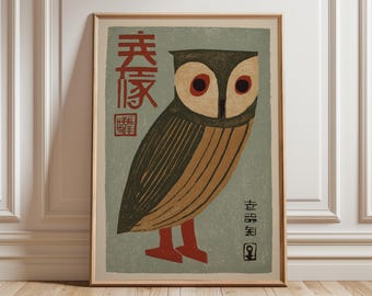 Japanse uilkunstdruk, vintage houtsnedestijl, modern uit het midden van de eeuw