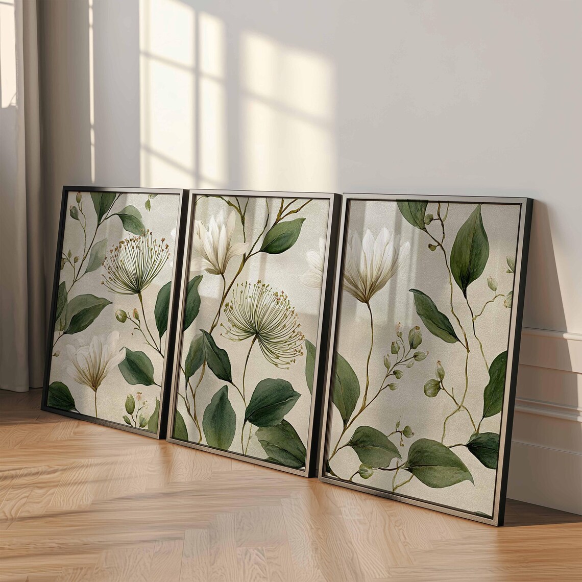 Botanical Wall Art Set of 3, Watercolor Green and White Floral Prints ...