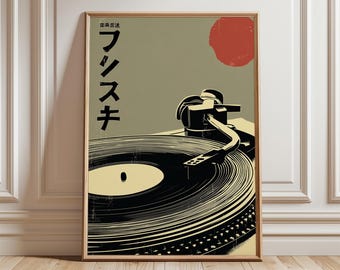 Japanese Retro Vinyl Record Player Print, Minimalist Music Poster
