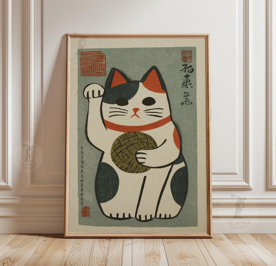 Maneki Neko Poster | Vintage Japanese Lucky Cat Wall Art, Fortune ...