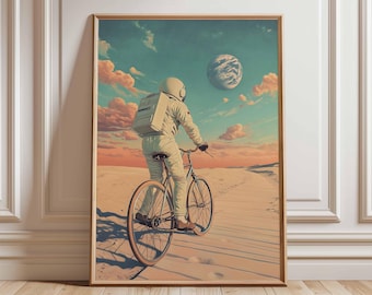 Retro Sci-Fi Poster, Astronaut on Bike, Vintage Space Art Print