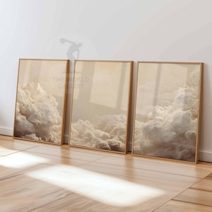 Beige Clouds Bedroom Wall Art Set of 3 Prints, White Clouds Beige Sky Posters, Vintage Home Decor, Set of 3 Large Poster Art, Bedroom Decor