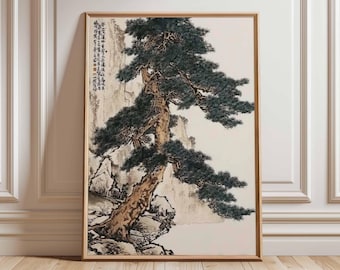 Ancient Pine Tree Wall Art, Japanese Nature Poster Print, Zen Botanical Decor, Oriental Tree Painting, Calm Forest Artwork