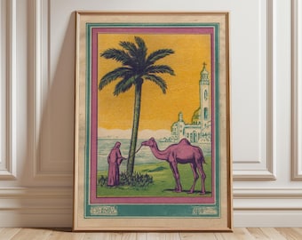 Vintages Nordafrika Reise-Plakat, Kamelpalmen-Druck, Retro Sahara Kunst