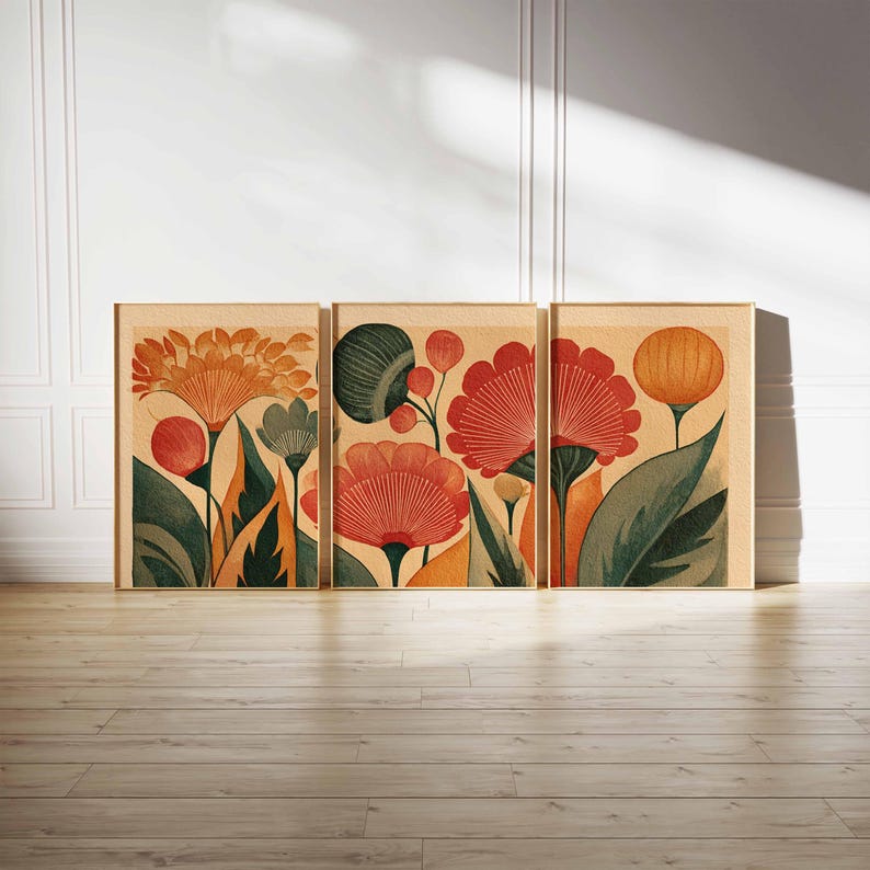 Retro Floral Wall Art Set of 3, Mid Century Modern Botanical Prints ...
