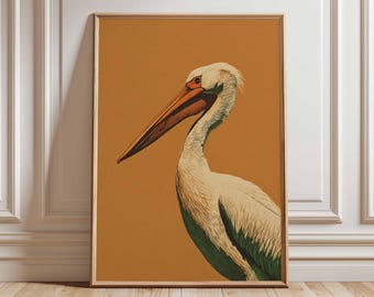 Póster con ilustración vintage de un pelícano, arte mural de aves costeras
