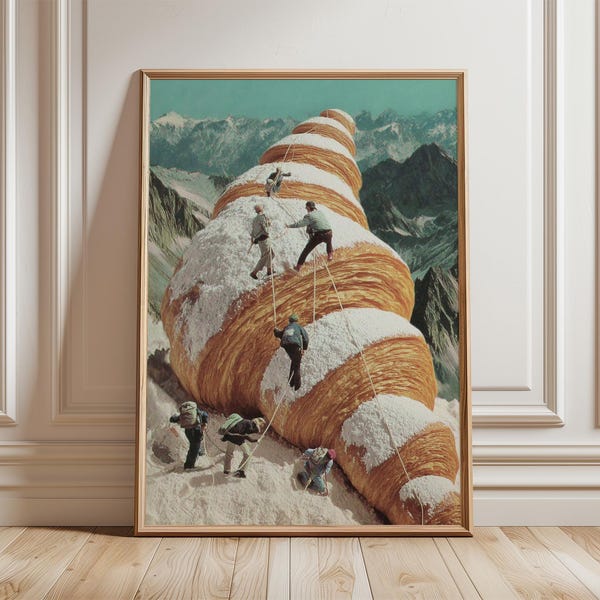 Surreal Croissant Mountain Art Print, Whimsical Collage Poster with Climbers, Dreamlike Fantasy Wall Art, Retro Surrealism Kitchen Decor
