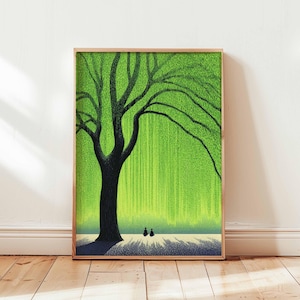 Póster de árbol verde gigante, impresión artística de pared de naturaleza pacífica, ilustración de paisaje sereno, decoración con escena de árbol relajante para dormitorio o sala de estar.