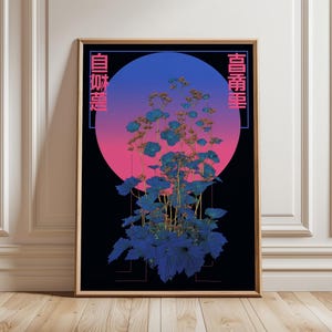 May include: Framed art print featuring a stylized botanical illustration. The artwork showcases blue foliage against a gradient background of pink and blue, set within a black square and a gold frame. Japanese text is present.