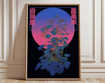 Japanese Cyberpunk Poster, Neon Botanical Print, Futuristic Wall Art