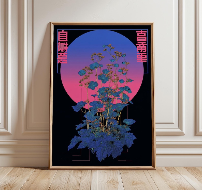 May include: Framed art print featuring a stylized botanical illustration. The artwork showcases blue foliage against a gradient background of pink and blue, set within a black square and a gold frame. Japanese text is present.