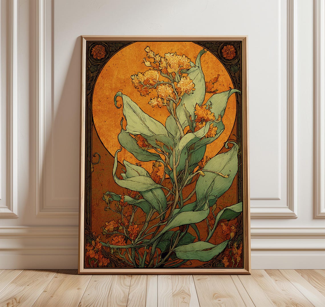 Art Nouveau Botanical Wall Art Vintage Floral Poster Golden Flower Art Nouveau Botanical Wall Art Vintage Floral Poster Golden Flower