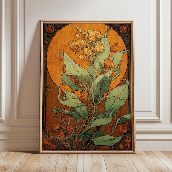 Art Nouveau Botanical Wall Art, Vintage Floral Poster, Golden Flower Illustration, Nature Inspired Print, Elegant Home Decor