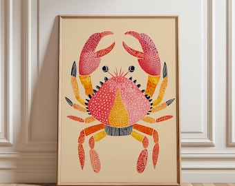 Colourful Crab Poster, Folk Art Illustration, Coastal Wall Art
