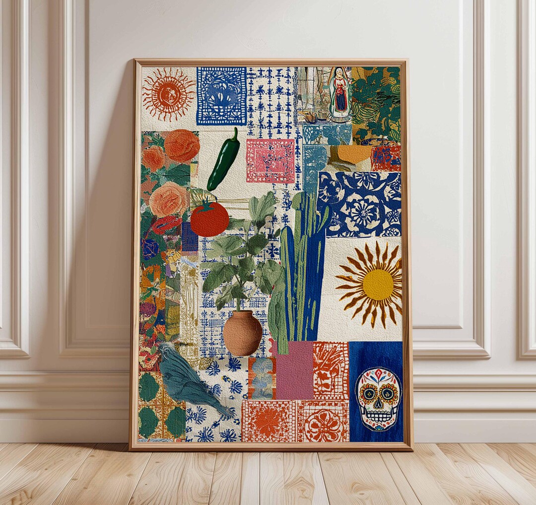 Mexican Folk Art Collage Print, Colorful Boho Wall Art With Sun ...