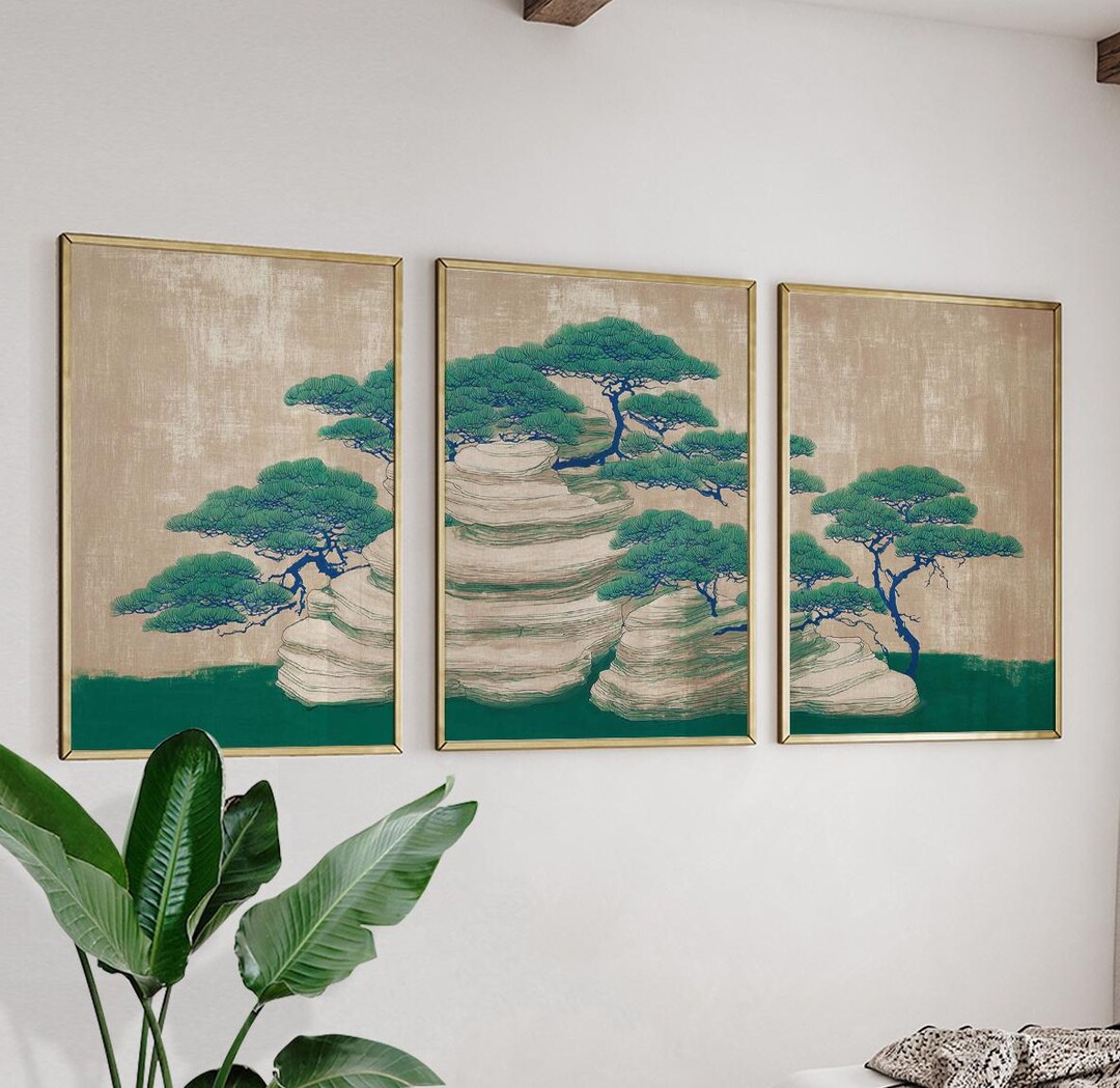 Green Botanical Landscape Wall Art Set of 3 Posters | Japandi Nature ...