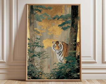 Goldener Tiger Wandkunst, Japanischer Stil Dschungel Gemälde, Bengal Tiger Druck, Natur Wildtier Poster, Luxuriöses Blattgold Walddekor