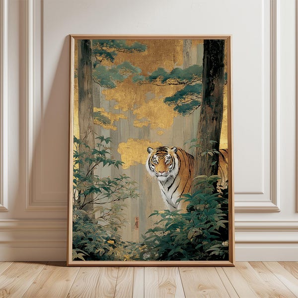 Golden Tiger Wall Art, Japanese Style Jungle Painting, Bengal Tiger Print, Nature Wildlife Poster, Luxurious Gold Leaf Forest Decor